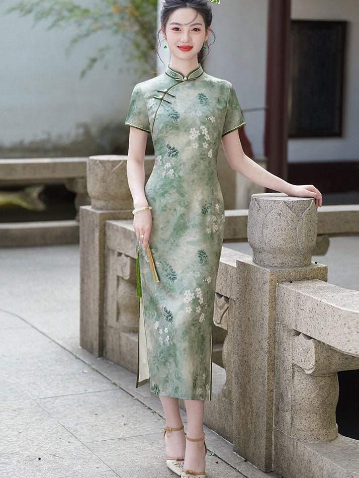 Green Floral Print Maxi Qipao Cheongsam Dress