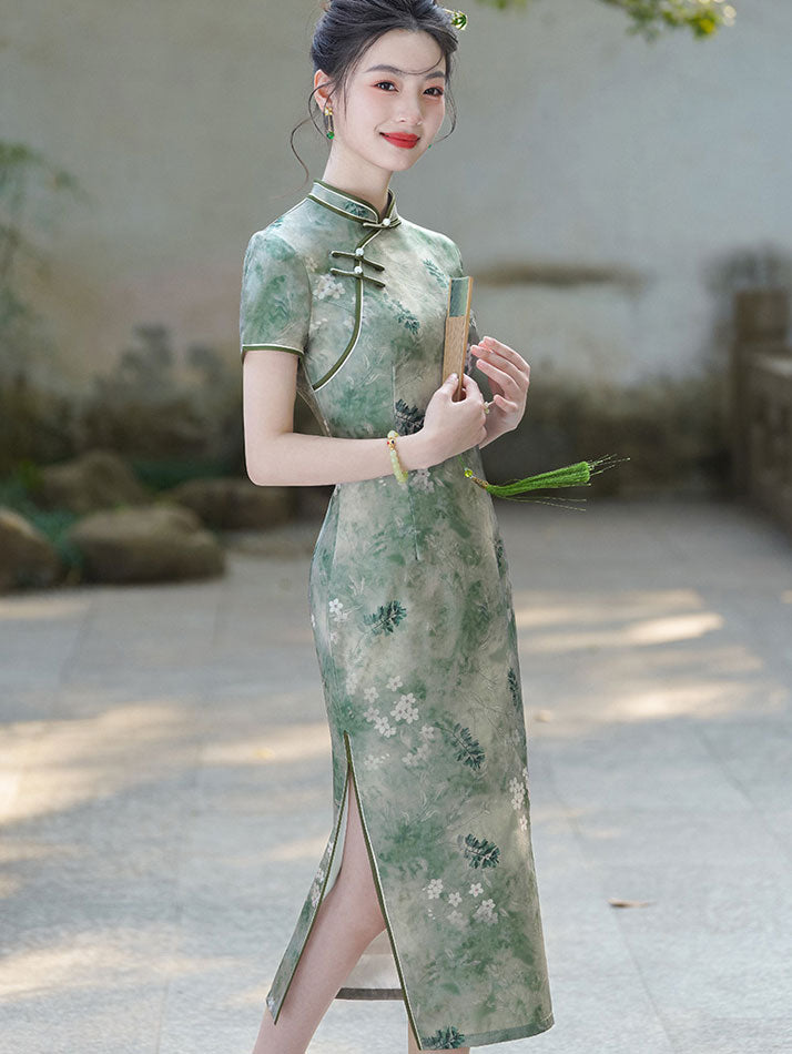 Green Floral Print Maxi Qipao Cheongsam Dress