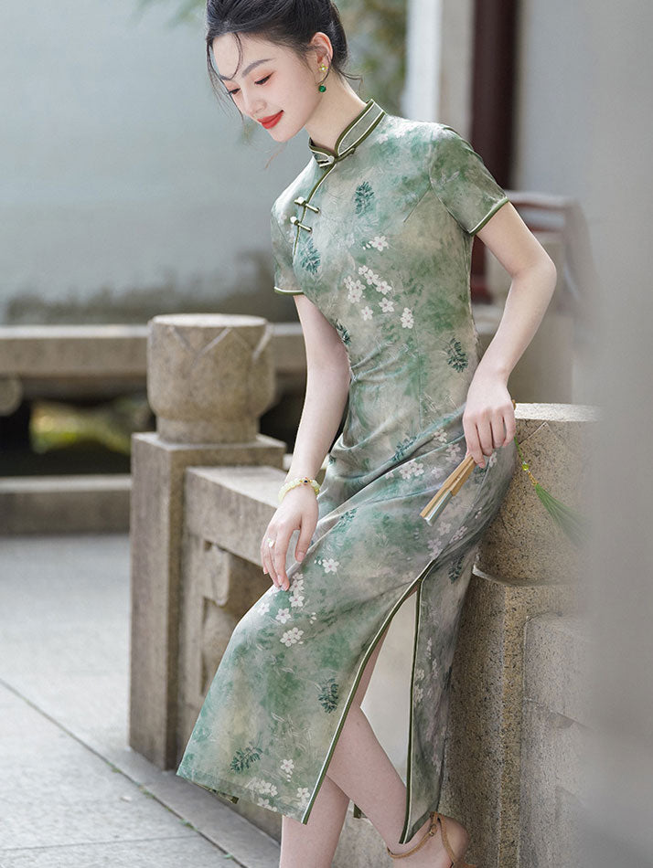 Green Floral Print Maxi Qipao Cheongsam Dress