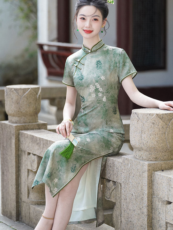 Green Floral Print Maxi Qipao Cheongsam Dress