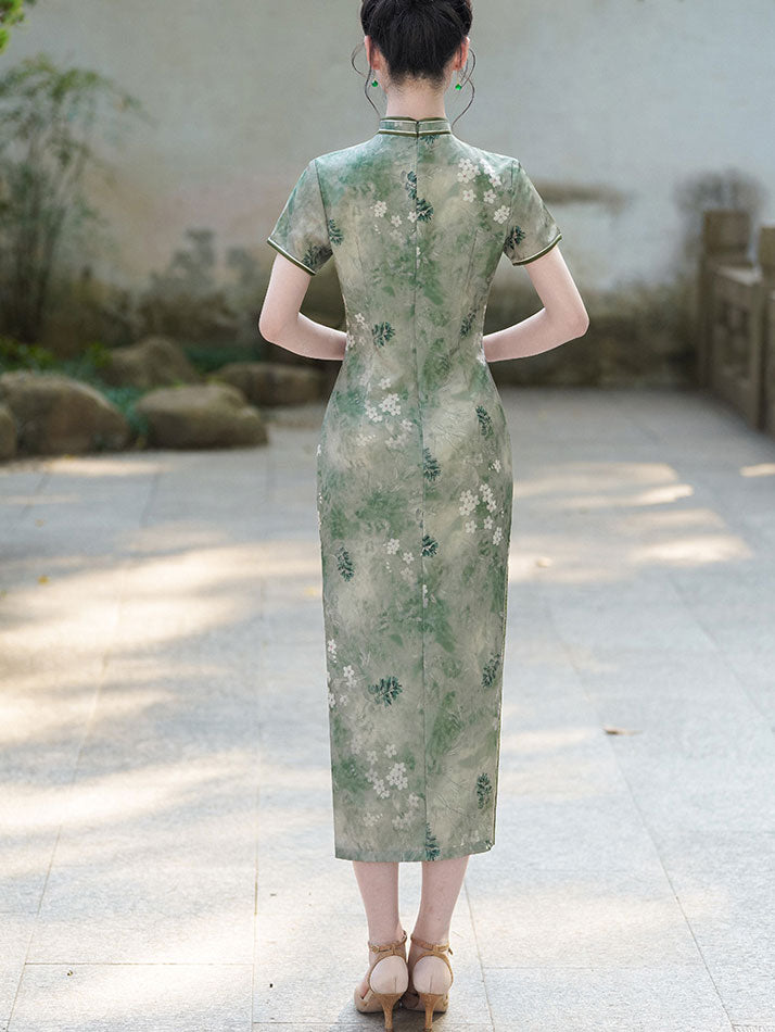 Green Floral Print Maxi Qipao Cheongsam Dress