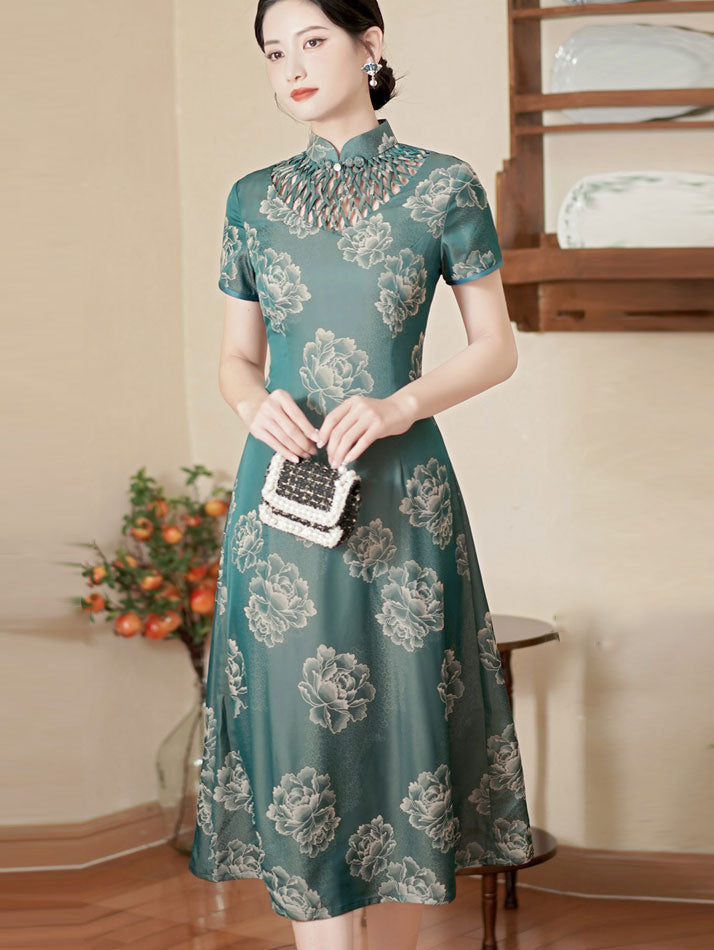 Green Purple Mothers A-Line Floral Qipao Cheongsam Dress