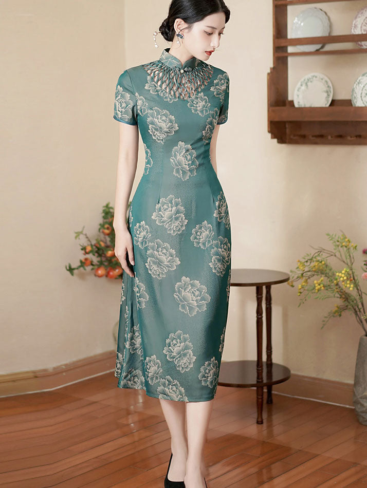 Green Purple Mothers A-Line Floral Qipao Cheongsam Dress