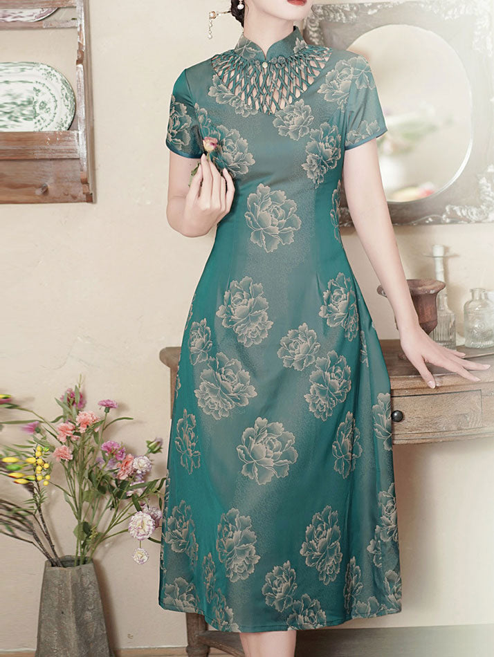 Green Purple Mothers A-Line Floral Qipao Cheongsam Dress