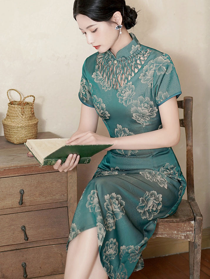 Green Purple Mothers A-Line Floral Qipao Cheongsam Dress