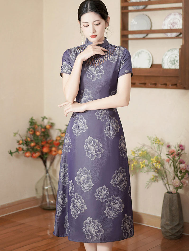 Green Purple Mothers A-Line Floral Qipao Cheongsam Dress