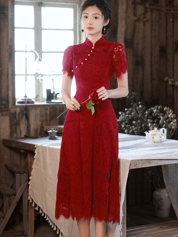 Burgundy Lace A-line Midi Wedding Cheongsam Qipao Dress