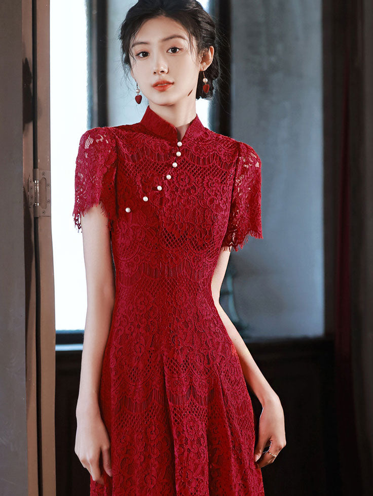 Burgundy Lace A-line Midi Wedding Cheongsam Qipao Dress