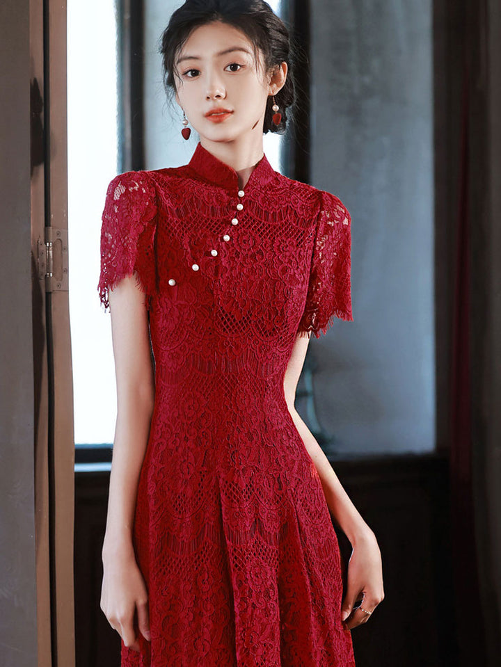 Burgundy Lace A-line Midi Wedding Cheongsam Qipao Dress