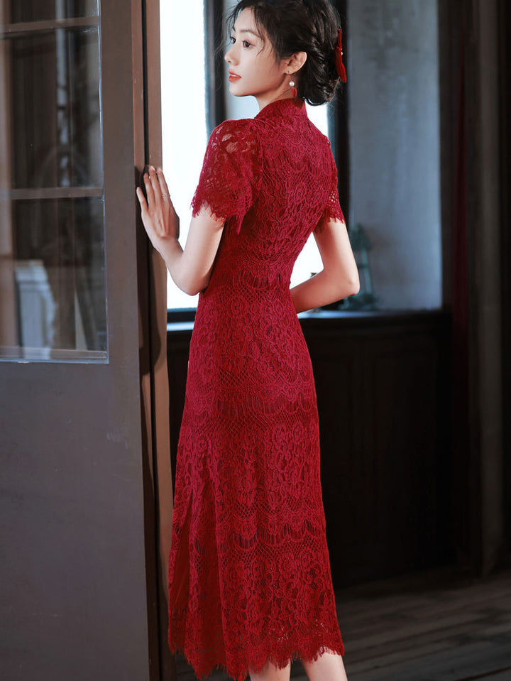 Burgundy Lace A-line Midi Wedding Cheongsam Qipao Dress