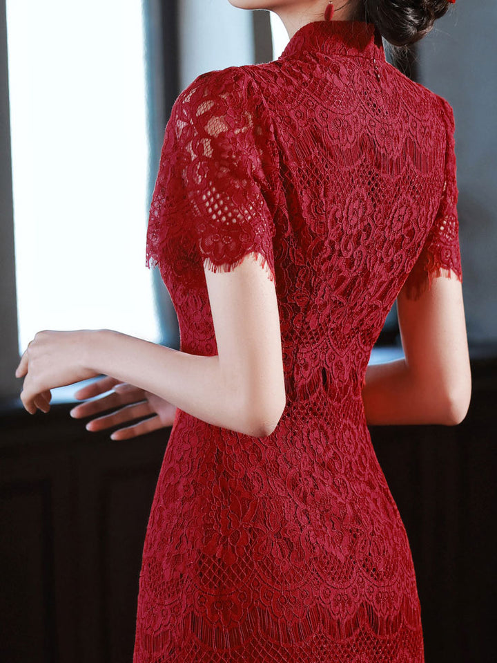 Burgundy Lace A-line Midi Wedding Cheongsam Qipao Dress