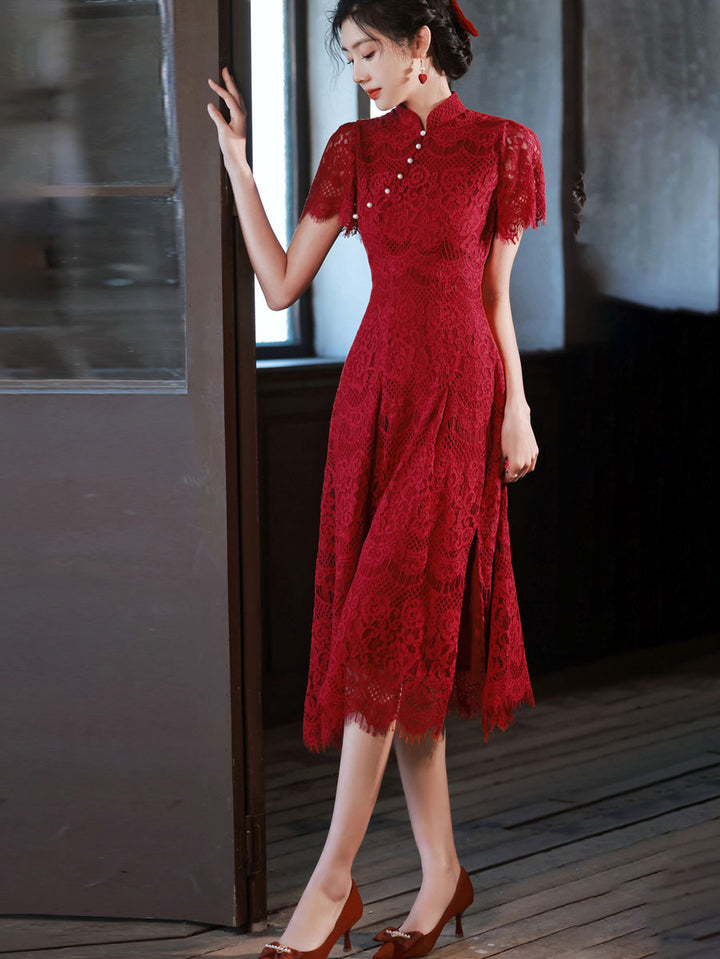 Burgundy Lace A-line Midi Wedding Cheongsam Qipao Dress