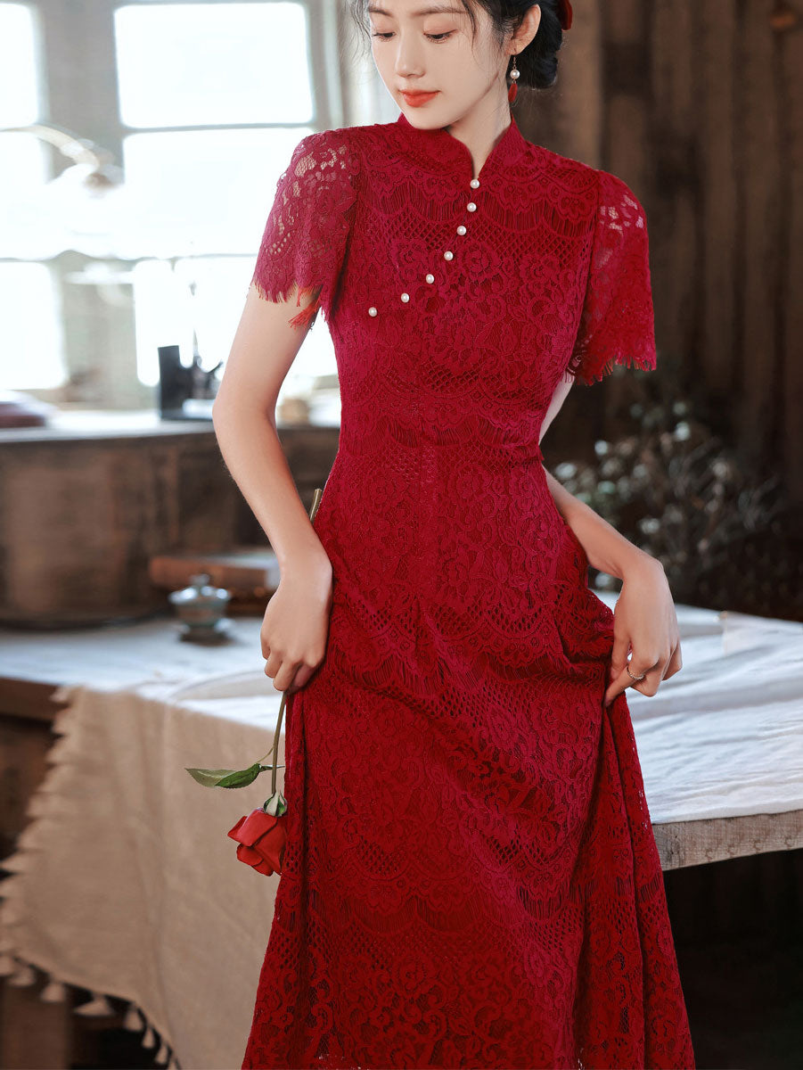 Burgundy Lace A-line Midi Wedding Cheongsam Qipao Dress
