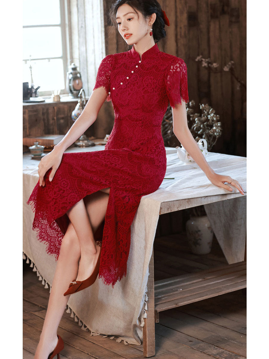 Burgundy Lace A-line Midi Wedding Cheongsam Qipao Dress