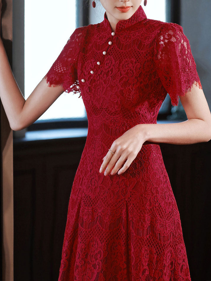 Burgundy Lace A-line Midi Wedding Cheongsam Qipao Dress