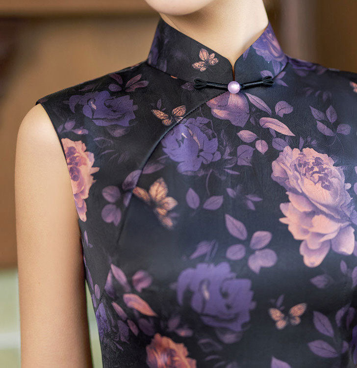 2026 Floral Print Silk Long Cheongsam Qipao Dress