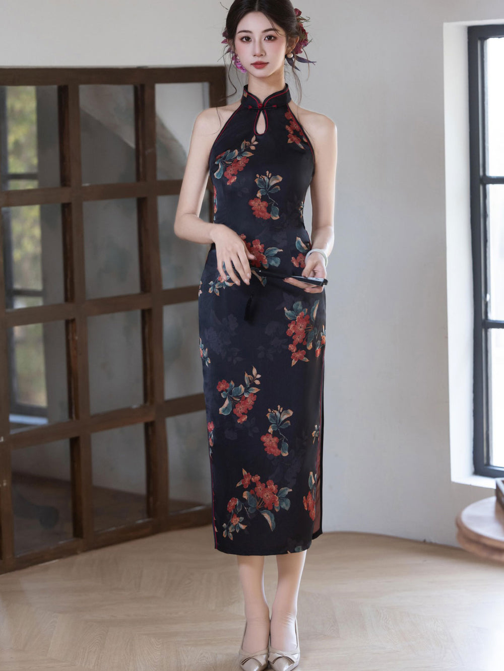 Black Floral Print Halter Midi Cheongsam Qipao Dress