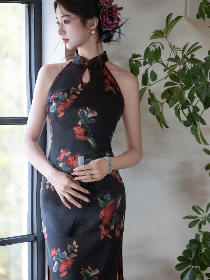 Black Floral Print Halter Midi Cheongsam Qipao Dress