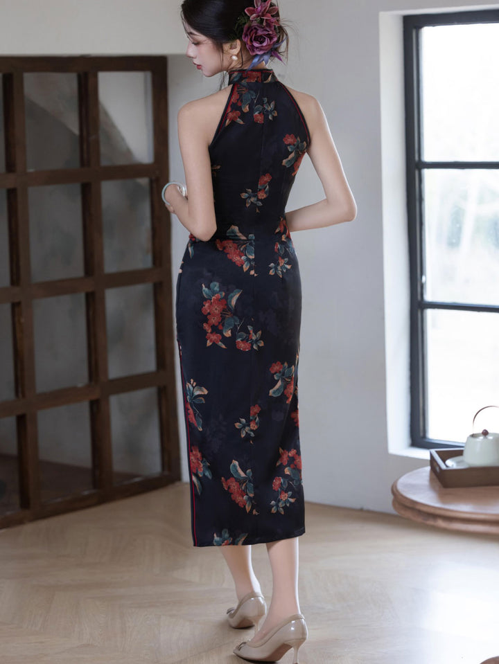 Black Floral Print Halter Midi Cheongsam Qipao Dress
