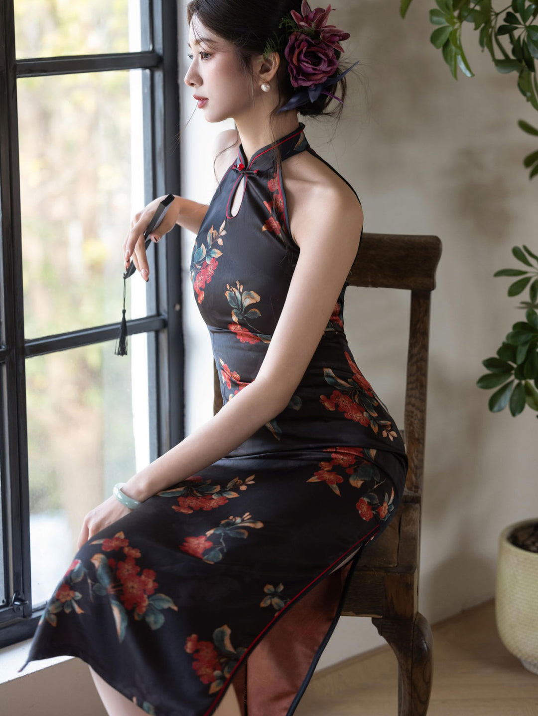 Black Floral Print Halter Midi Cheongsam Qipao Dress