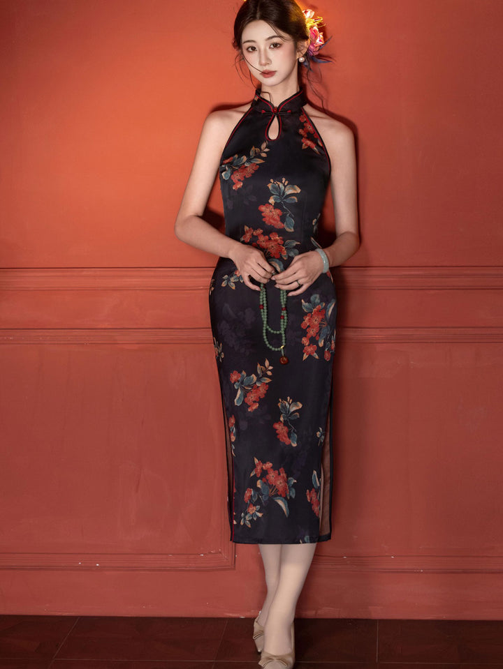 Black Floral Print Halter Midi Cheongsam Qipao Dress
