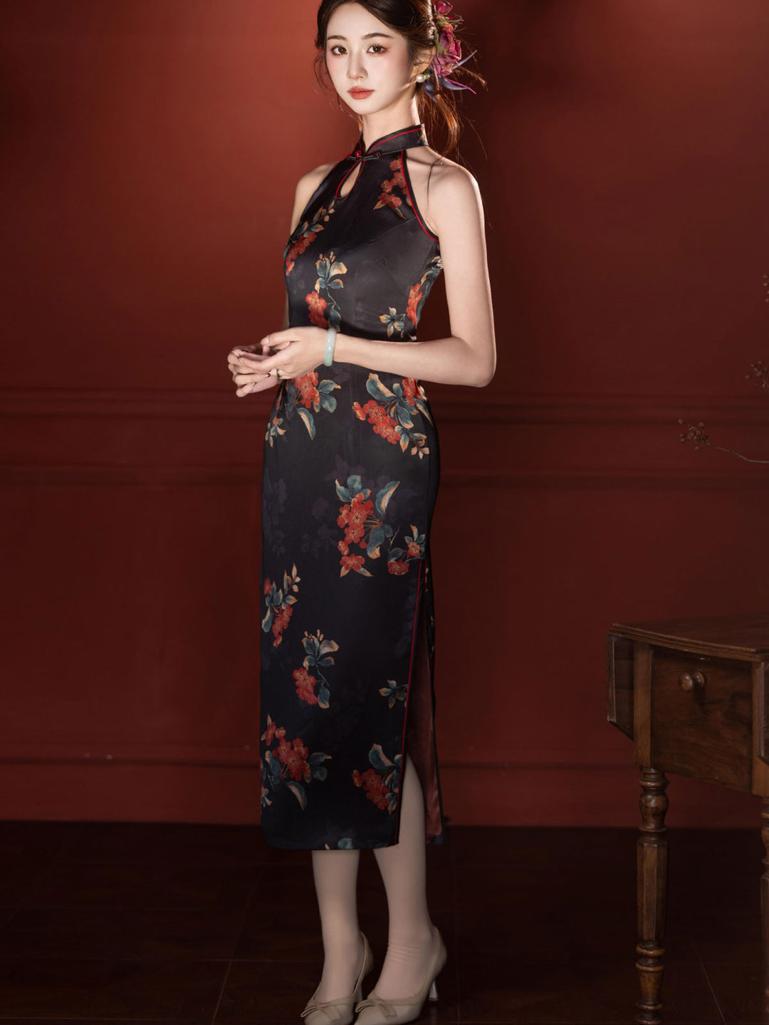 Black Floral Print Halter Midi Cheongsam Qipao Dress