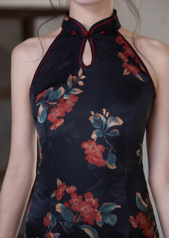 Black Floral Print Halter Midi Cheongsam Qipao Dress