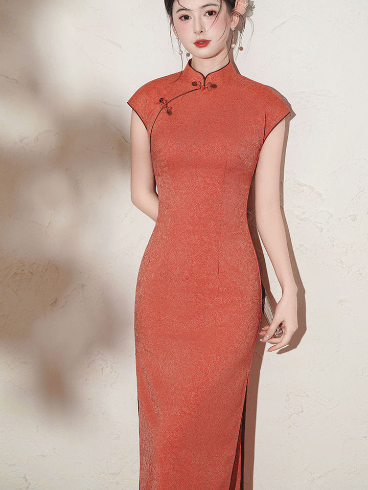 Orange Jacquard Long Cheongsam Qipao Dress