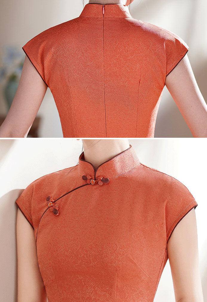 Orange Jacquard Long Cheongsam Qipao Dress