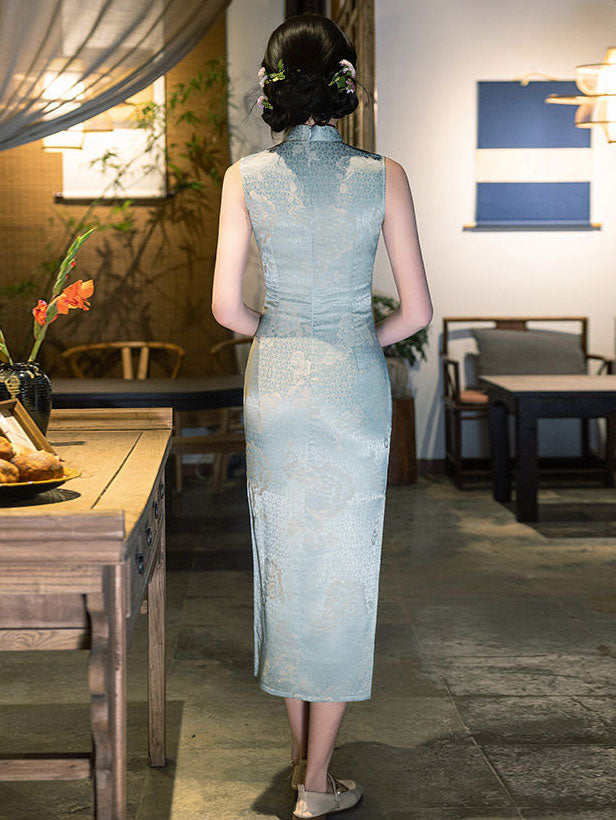 Blue Pink Floral Sleeveless Cheongsam Qipao Dress
