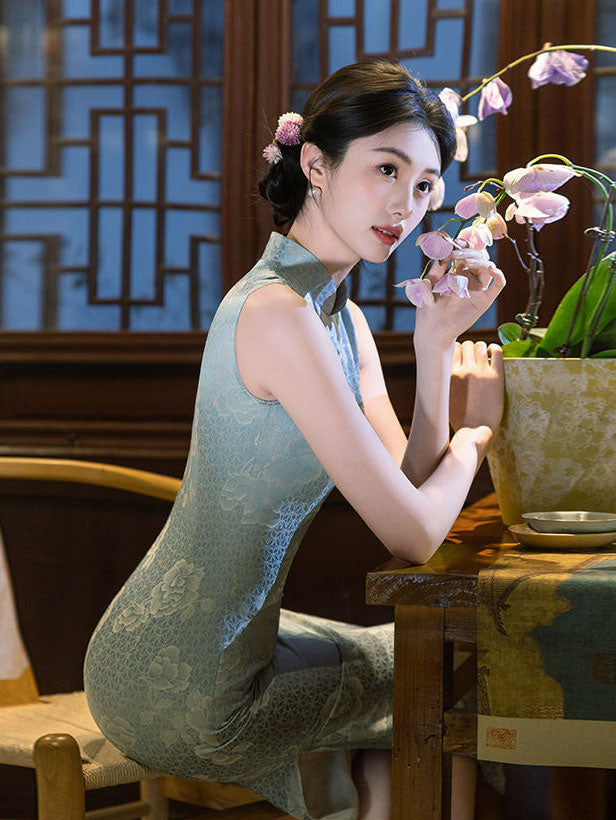 Blue Pink Floral Sleeveless Cheongsam Qipao Dress