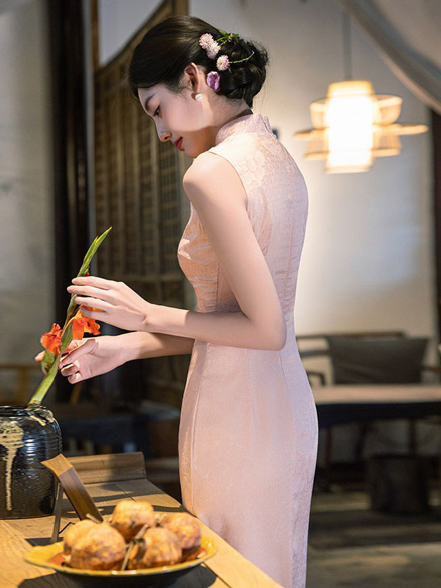 Blue Pink Floral Sleeveless Cheongsam Qipao Dress