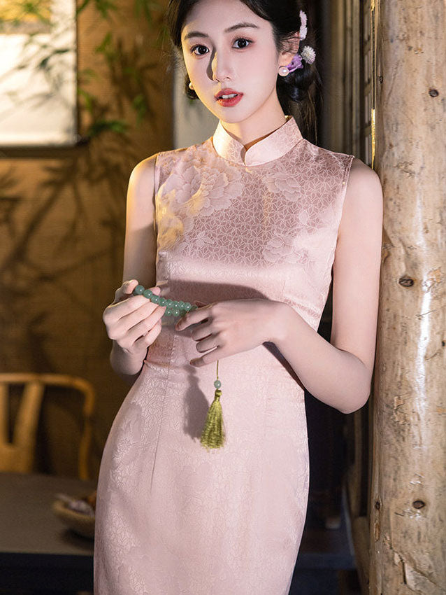 Blue Pink Floral Sleeveless Cheongsam Qipao Dress