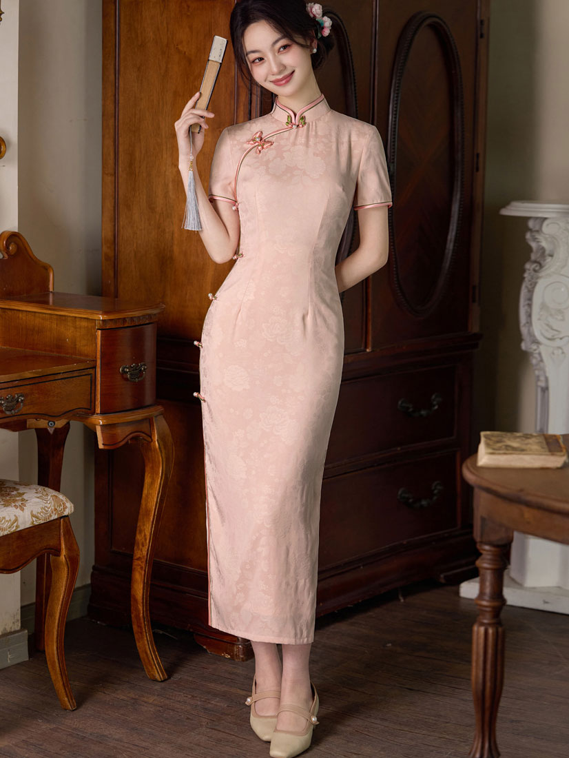 Pink Floral Print Long Cheongsam Qipao Dress