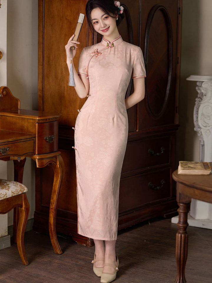 Pink Floral Print Long Cheongsam Qipao Dress