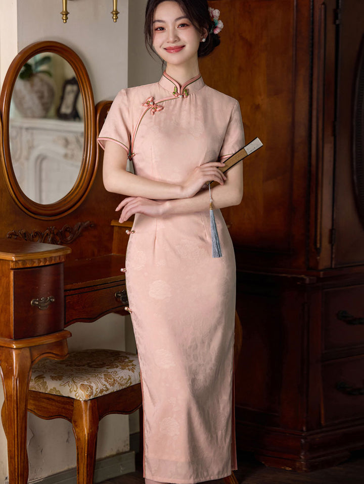 Pink Floral Print Long Cheongsam Qipao Dress