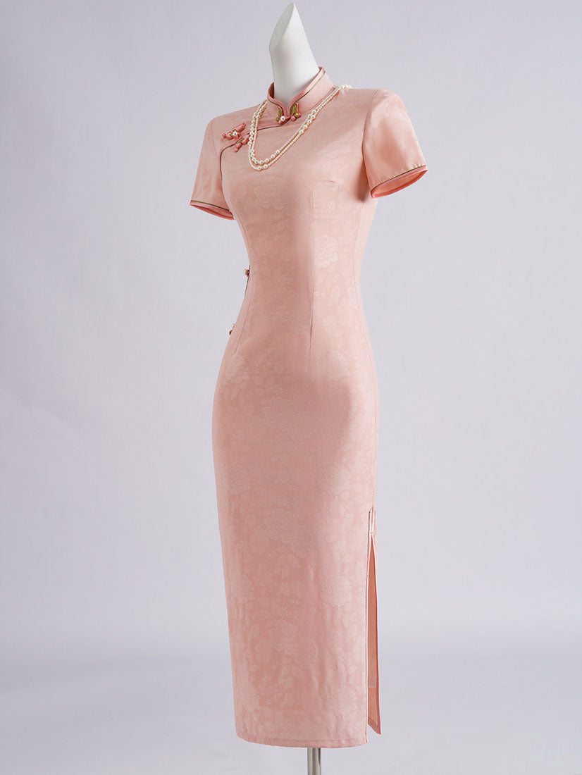 Pink Floral Print Long Cheongsam Qipao Dress