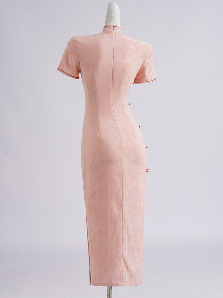 Pink Floral Print Long Cheongsam Qipao Dress