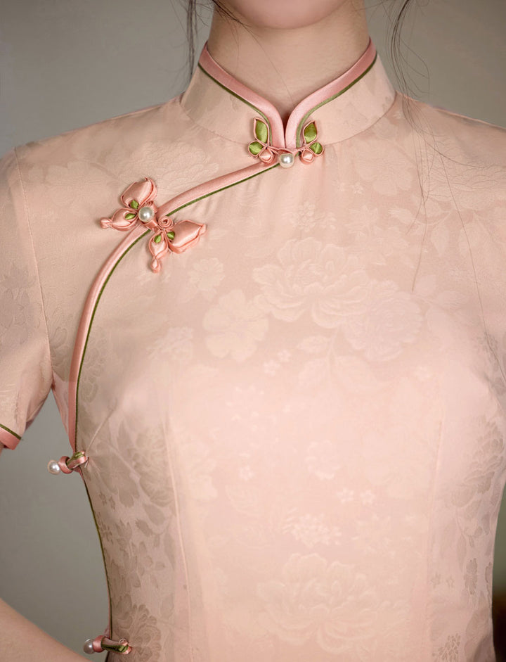 Pink Floral Print Long Cheongsam Qipao Dress