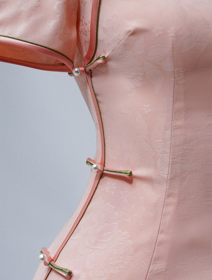 Pink Floral Print Long Cheongsam Qipao Dress