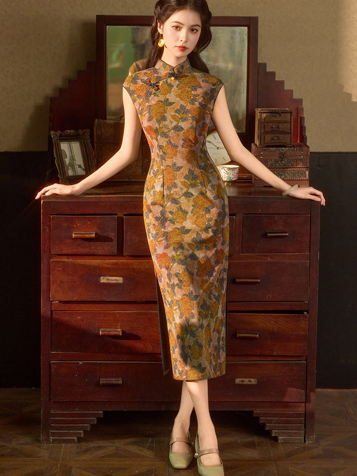 Summer Twilight Floral Maxi Cheongsam Qipao Dress