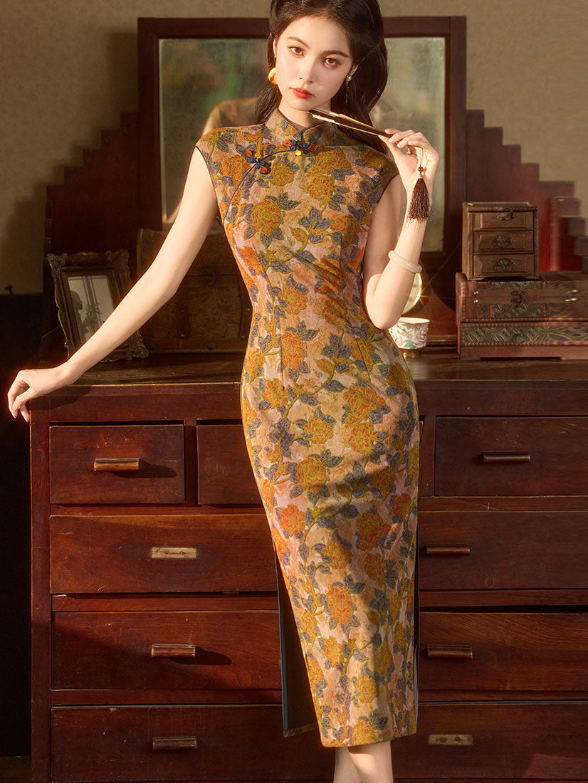 Summer Twilight Floral Maxi Cheongsam Qipao Dress