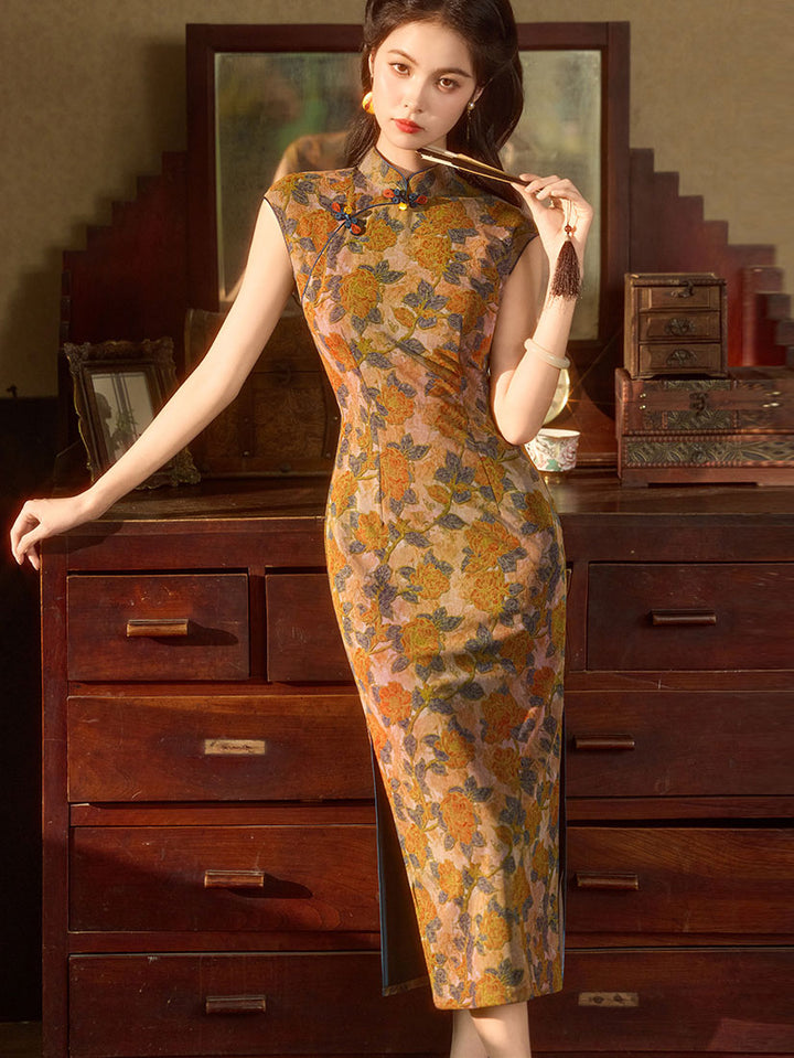 Summer Twilight Floral Maxi Cheongsam Qipao Dress