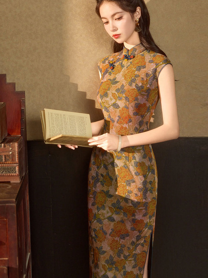 Summer Twilight Floral Maxi Cheongsam Qipao Dress