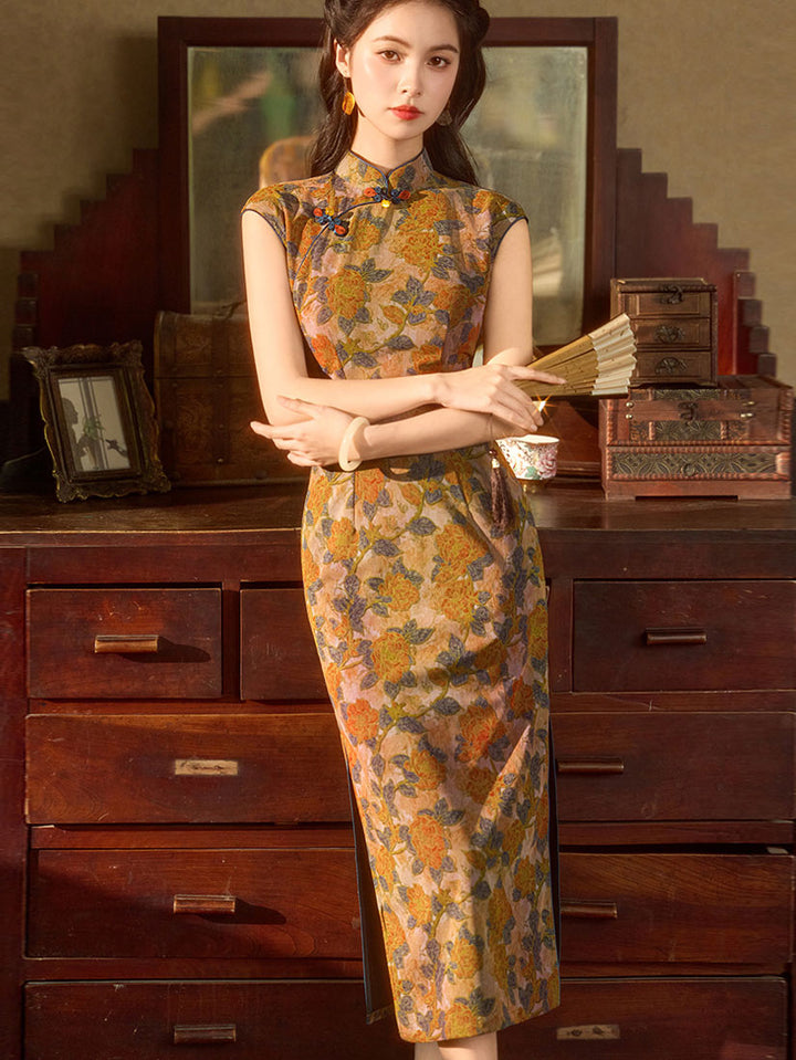 Summer Twilight Floral Maxi Cheongsam Qipao Dress