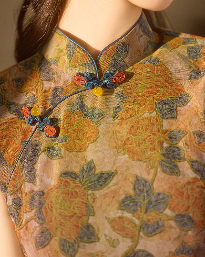 Summer Twilight Floral Maxi Cheongsam Qipao Dress