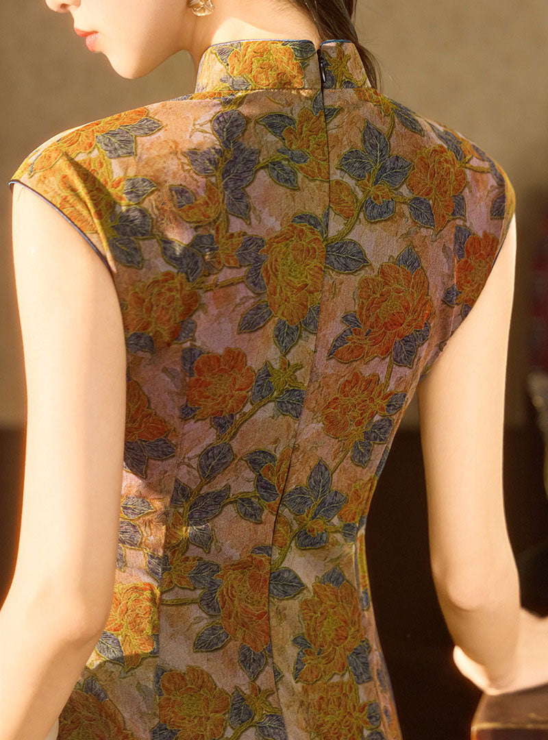 Summer Twilight Floral Maxi Cheongsam Qipao Dress
