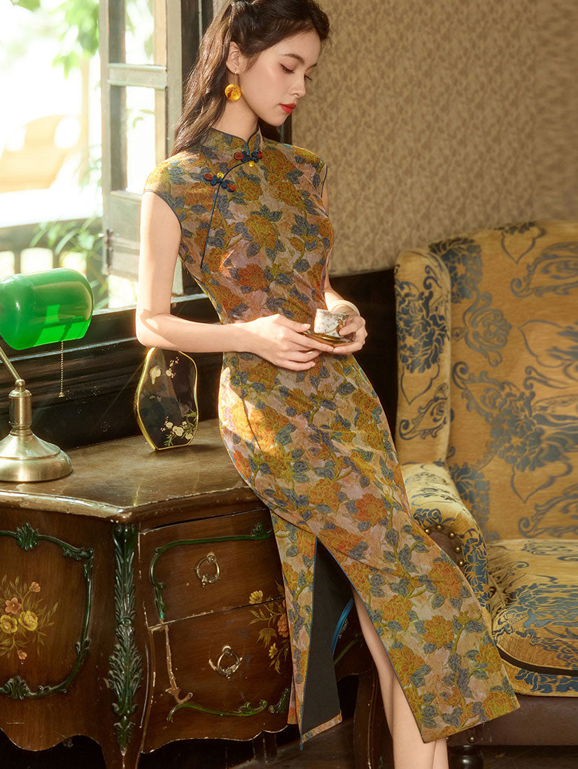 Summer Twilight Floral Maxi Cheongsam Qipao Dress