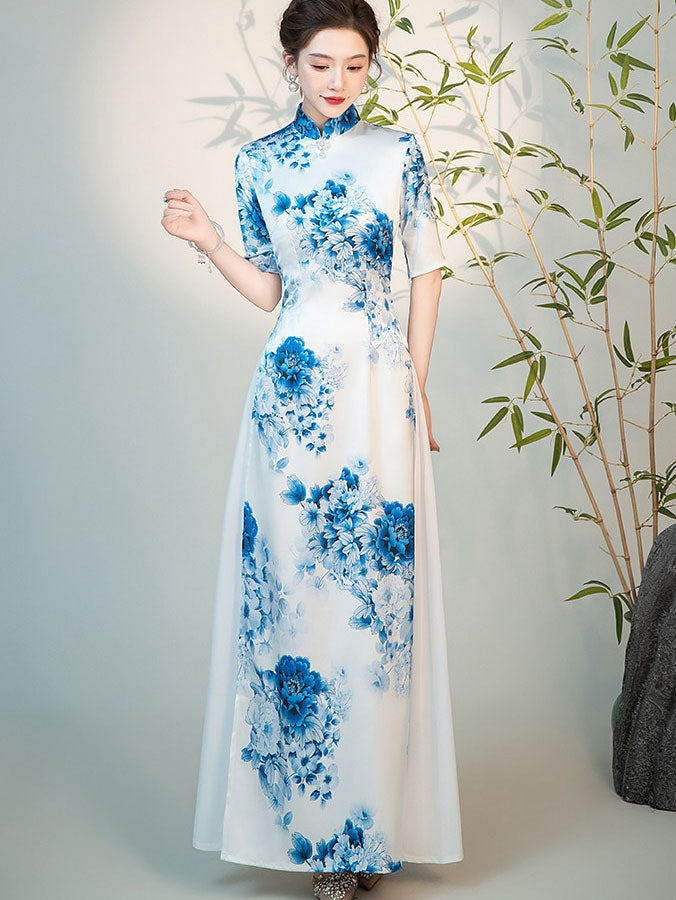 Blue and White Floral Print Maxi Cheongsam Ao Dai Dress