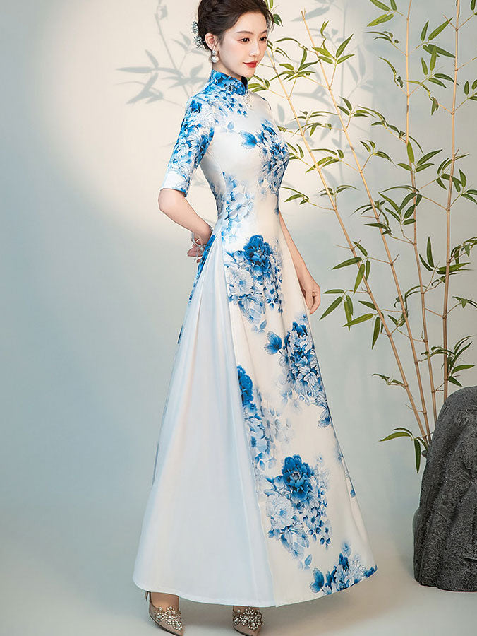 Blue and White Floral Print Maxi Cheongsam Ao Dai Dress